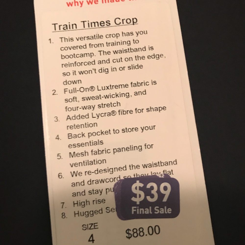 NWT lululemon train times crop sz4
